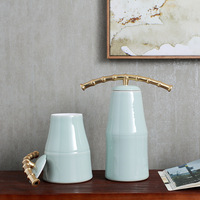 景德镇新中式陶瓷花瓶摆件酒店样板房单色釉铜配件 软装工艺品