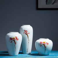 手绘荷花中式白色陶瓷花瓶三件套软装酒店样板房客厅摆件景德镇